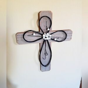 Rustic Greige Wooden Wall Cross with Metal And Beaded Accents